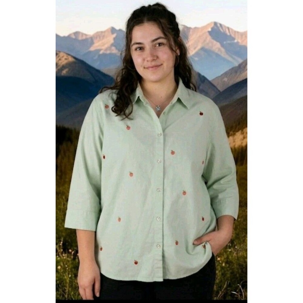Lemon Grass Studio Blouse Size XL Apples Design 100% Cotton Green button